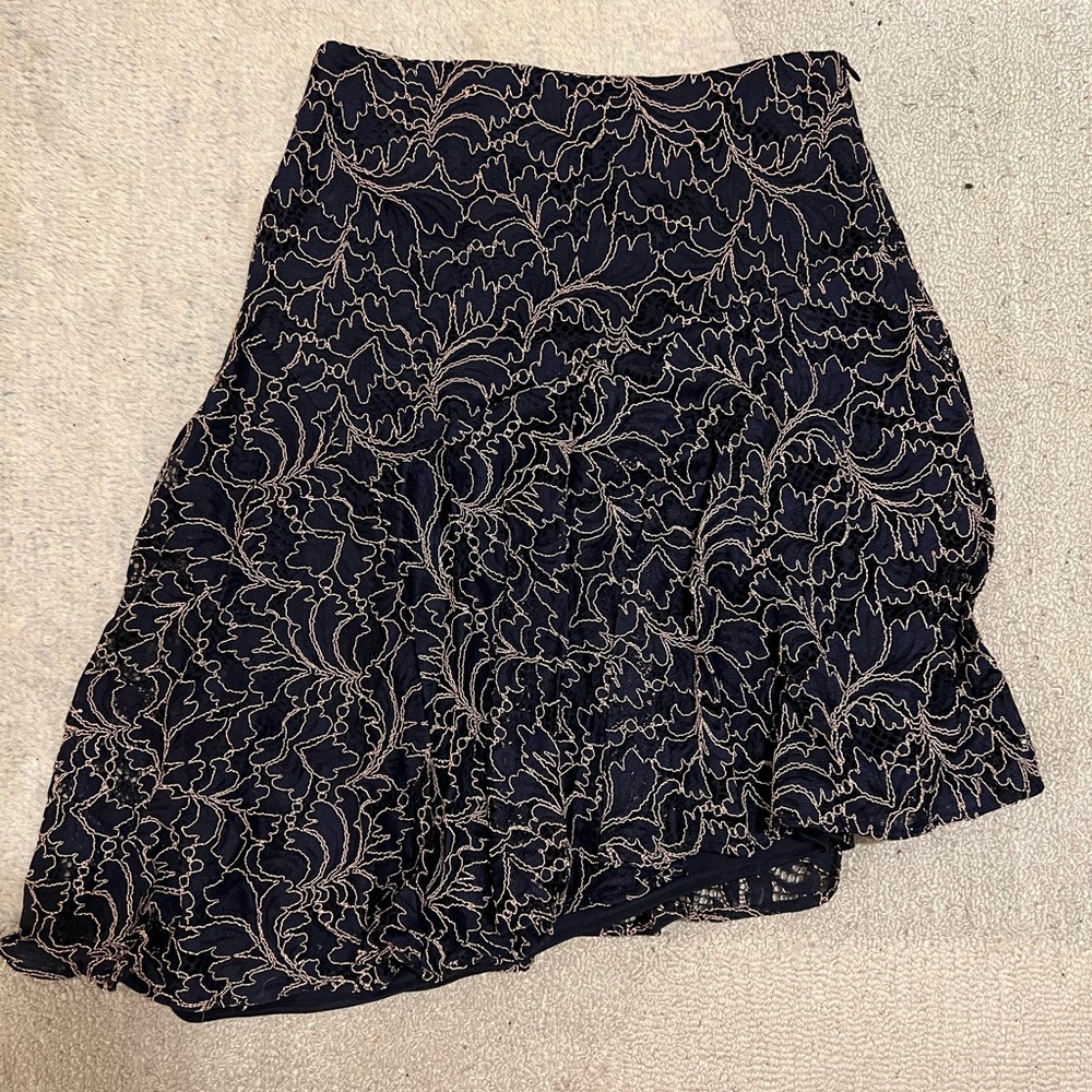 Zara Navy and Tan Floral Lace midi Skirt with an asymmetrical hem and flounce